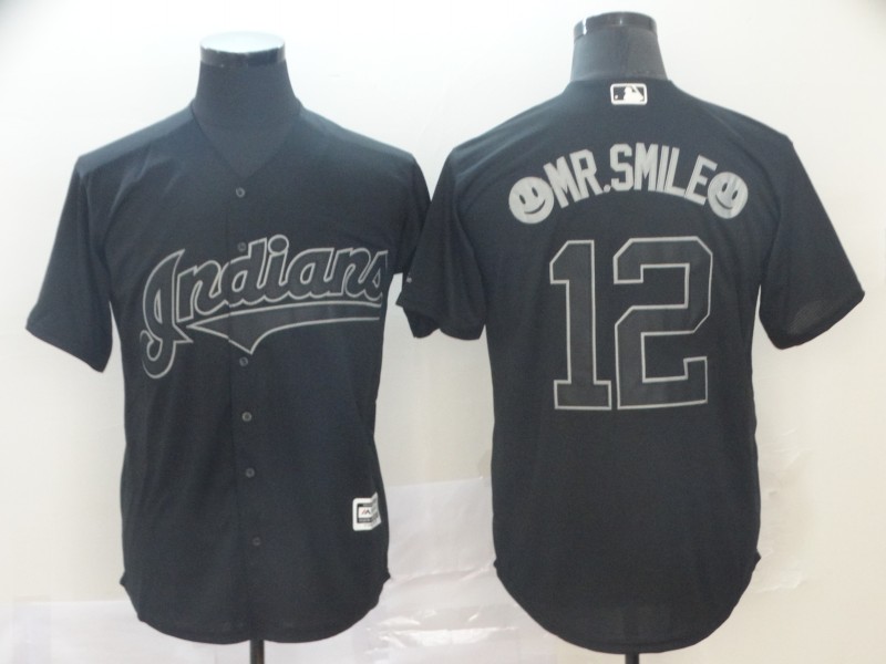 Men Cleveland Indians 12 Mr Smile Black MLB Jerseys